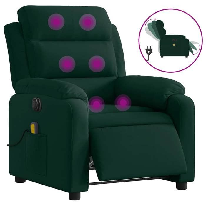 Chaise Relax massant - VIDAXL - Fauteuil inclinable électrique - 1 PLACE - vert foncé velours 75x92.5x100 cm F941
