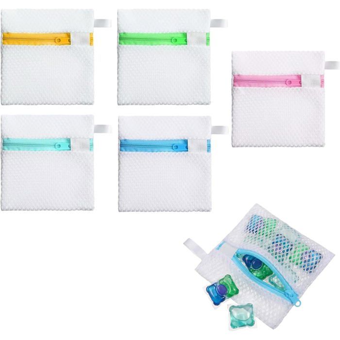 5 Sacs de Lavage en Filet pour Capsules de Lessive Fermeture Éclair Linge Délicat 12 x 12 cm