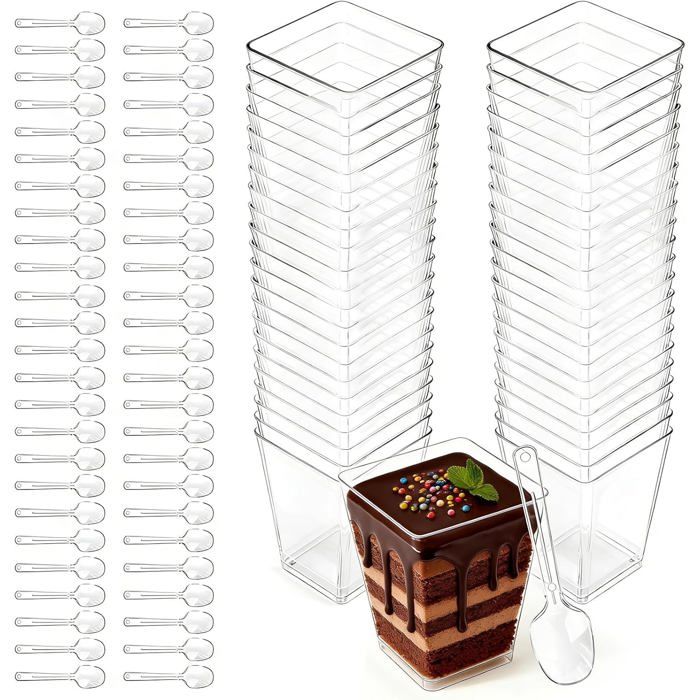 50 pièces verrines gobelets à dessert carrés - 150-160 ml en plastique transparent avec cuillère réutilisable