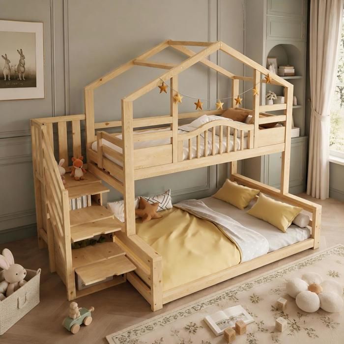 LEMONMAX Lit superposé cabane naturel et bois 90x200 140x200 escalier rangement et étagères intégrées pour enfants