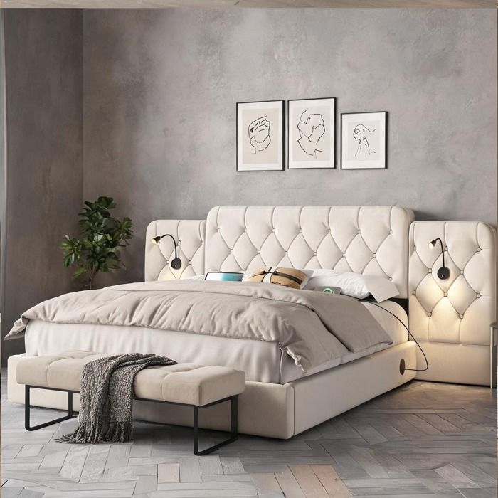 Sommier avec tête de lit rallongée et rangement hydraulique 180x200 cm en velours beige