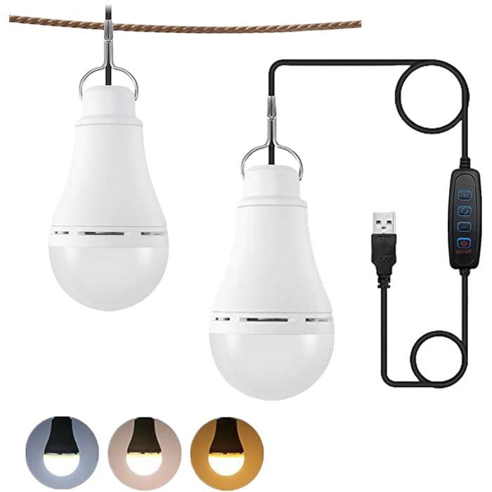 Lot de 2 Ampoules LED USB Intensité Variable Bnc Lampe de Camping avec Interrupteur 3 Modes écirage Portable