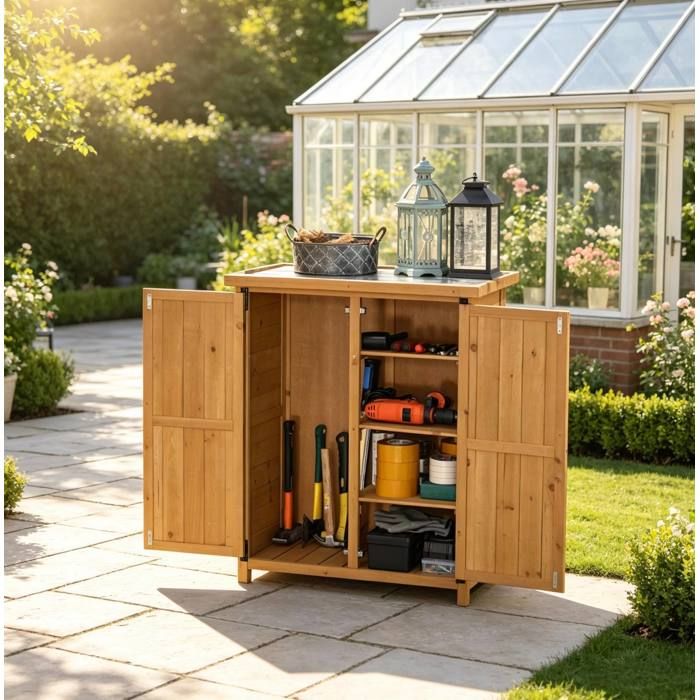 Armoire de jardin à 2 portes et 3 étagères en bois de sapin jaune 75×40×90 cm - UVRION