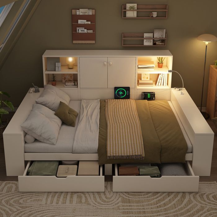 Lit à tiroirs 140x200 cm blanc – Lit de rangement avec portes et chargeurs USB/USB-C – Lit double et lit pour adolescent moderne