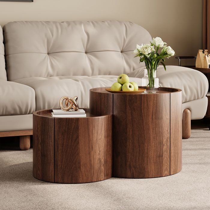 Table Basse Ronde avec Rangement Tiroirs et Portes Incurvées pour Salon et Coin Canapé Design Chic 77.5x47.5x40cm，Noyer