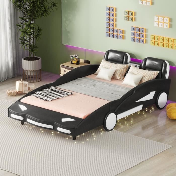 Lit Superposé Enfant Métal 140x200 Cm - Design Loft En Forme De Toit Avec éclairage LED - 2 Places, Sans Matelas - Capacité 150 Kg