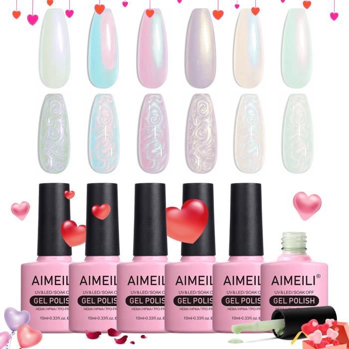 AIMEILI Vernis Semi Permanent Brillant Perle Gel Nail Polish, Nacré avec Fil Shell Glitter Vernis à Ongles Gel 6Couleurs-10ml Kit 42
