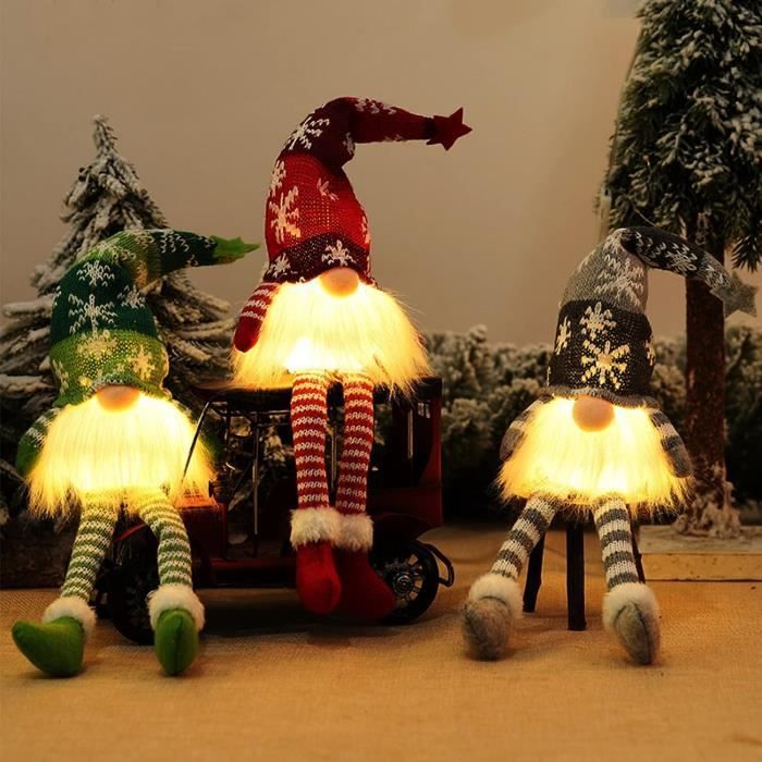 Lot 3 Gnomes De Noël Lumineux Peluche - Déco Table Maison Lutin Farceur Avec Lumière Douce