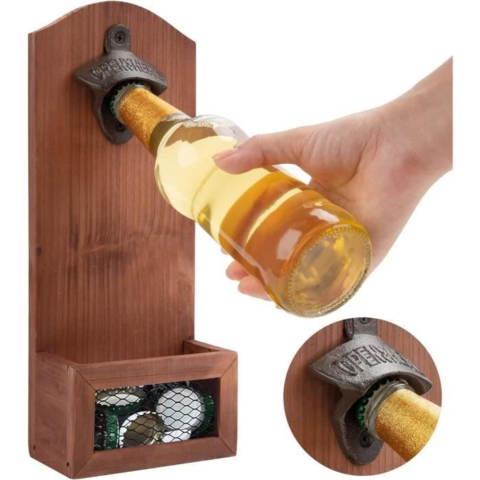 Ouvre-bouteille Mural Vintage En Bois Avec Attrape-capsules - Dimensions 30x12x7 Cm - Pour Cuisine, Bar, Jardin, Terrasse - Installation Murale Facile