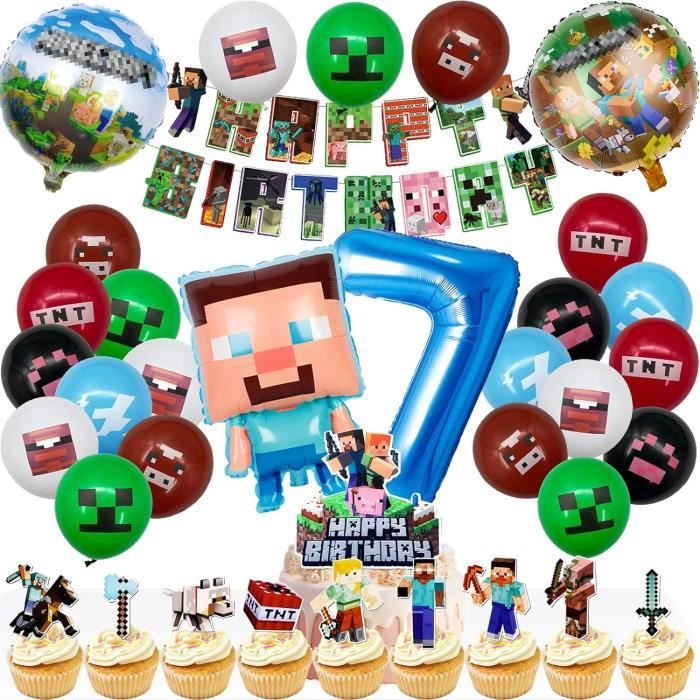 Décorations Anniversaire Garçon - Lot De 25 Pièces - Ballons Lettres, Banderole, Ruban - Thème Gamer/miner - Réutilisable - Pour Fête Enfant/ado