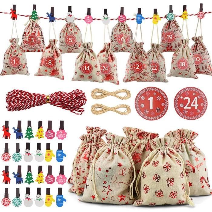 51PCS Calendriers de l'Avent DIY Sachets en Jute pour Calendrier de l'Avent  à Remplir Sac en Toile de Jute Pochettes Sacs Surprise N