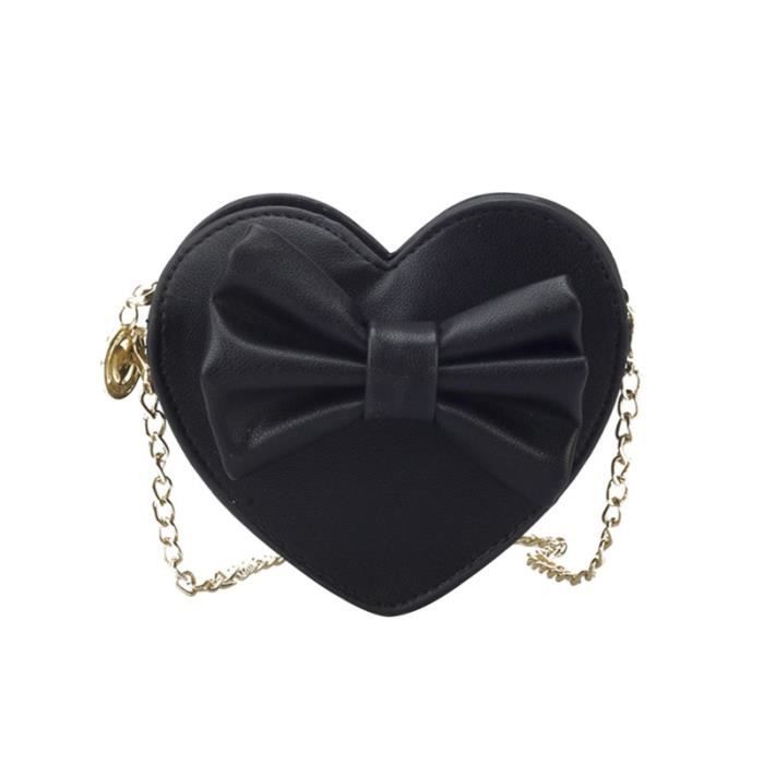 Enfants fille forme de coeur Bowknot Crossbody Sacs en cuir PU Messenger  Bag Filles Sac à main pour tout-petits bébé filles (Noir)