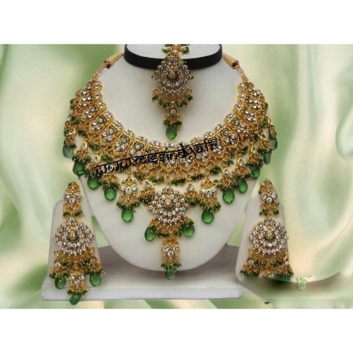PARURE bijoux indienne VERT DORÉ pas cher Cdiscount