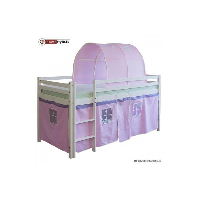 Lit Mezzanine Enfant 90x200cm Pin Blanc - Avec Échelle & Rideau Pirate - Barrière Sécurité