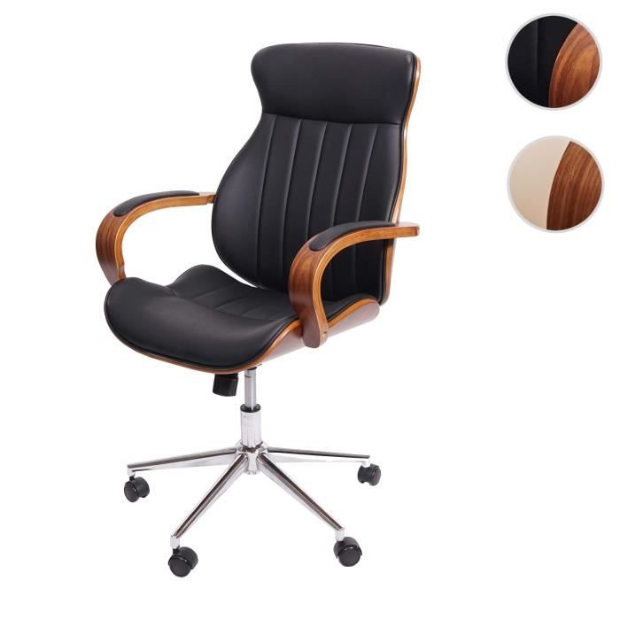 chaise de bureau pivotante hwc-h39 en bois courbé aspect noyer et similicuir noir