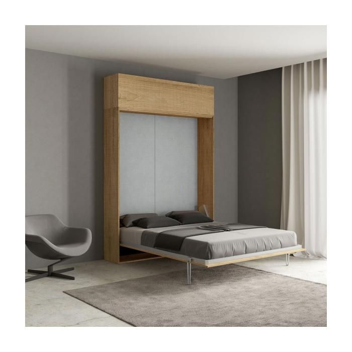 Lit double escamotable en chêne naturel - Kentaro - Avec élément mural vasistas