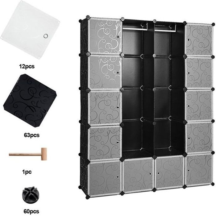 Hengda 20 cubes système d'étagère armoire armoire en plastique noir armoire bricolage facile à assembler armoire ouverte pour