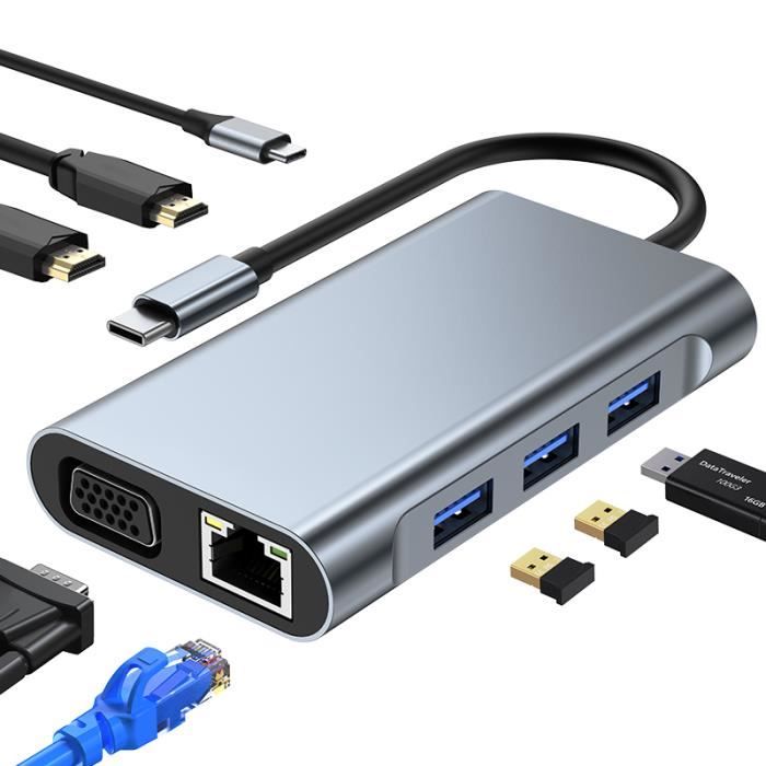 HUB USB C, Adaptateur USB C 8 en 1 avec HDMI*2,VGA, USB 3.0*1, 2.0*2, PD100W, Ethernet RJ45100M, Lecteur de Carte SD/TF, Gris