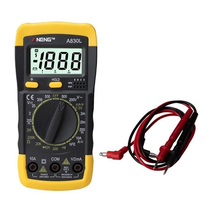 Multimètre Numérique – Mesure Tension AC/DC, Résistance, Diode, Continuité – Écran LCD Rétroéclairé – Compact Avec Support – Pour électricité, électronique