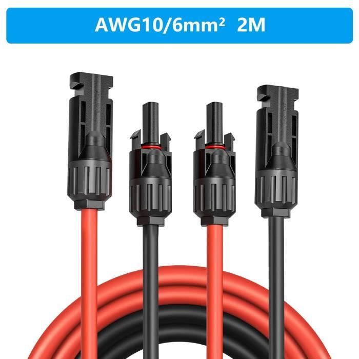 Câble D’extension Solaire 10AWG 4mm² 2 M - Connecteurs MC4 Femelle/mâle, Pour Panneau Solaire, Batterie, Onduleur