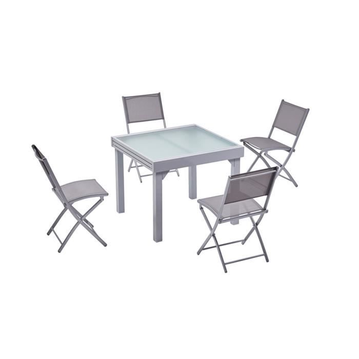 salon de jardin - 8 personnes - molvina  - concept usine - extensible - aluminium - table carrée - 4 chaises - contemporain - gris