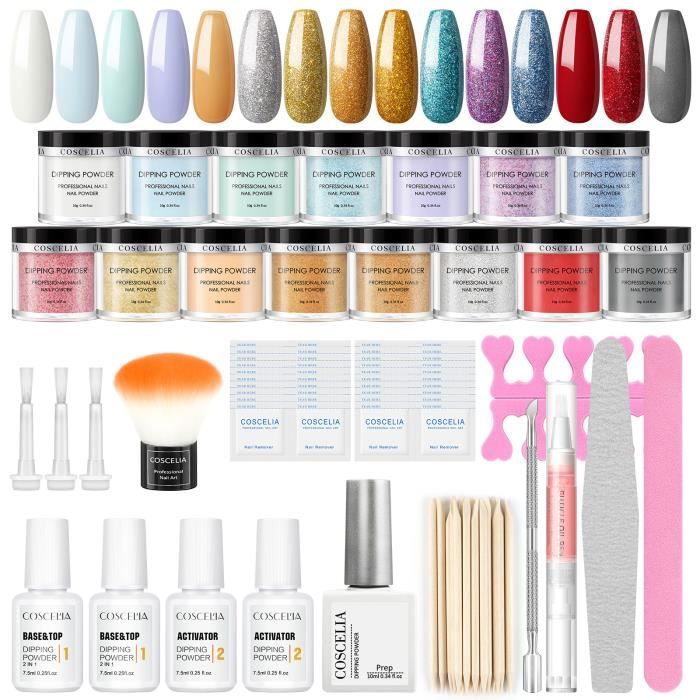 COSCELIA Dip Powder Kit Poudre Ongles Dipping Poudre 15PCS*10g Système