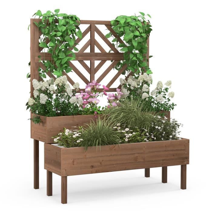 COSTWAY Jardinière avec Treillis en Bois de Sapin Bac à Fleurs Rectangulaire avec Trou de Drainage pour Plante Grimpante Marron