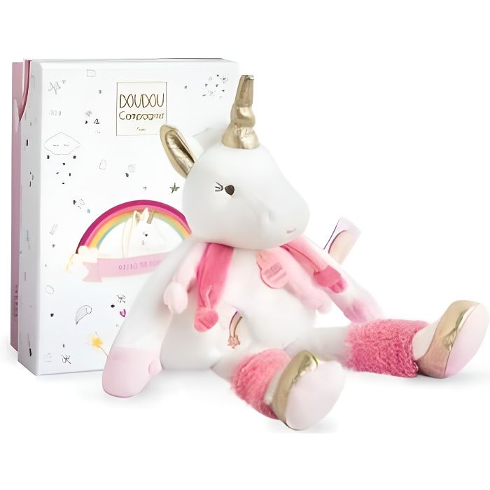 Peluche Pantin Licorne feerique 30 cm rose blanche or Grand
