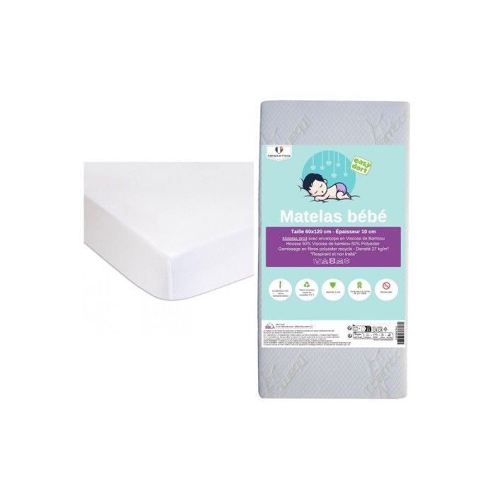 KIT PRATIQUE BEBE Matelas 60x120 Lit Bébé Lit Parapluie + 2 Alèses Coton Bio Certifié GOTS Fabrication France UE