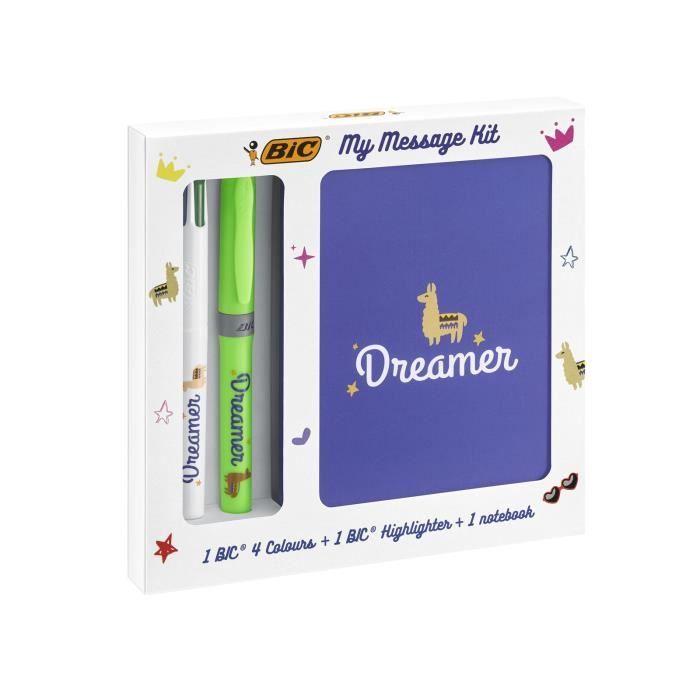 BIC My Message Kit Dreamer - Kit de Papeterie avec 1 Stylo-Bille BIC 4 couleurs/1 Surligneur BIC Highlighter Grip Vert/1 Carnet de