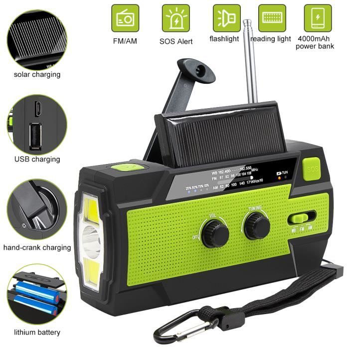 Radio Solaire Portable Radio d'urgence Météo 4000mAh Radio à Manivelle
