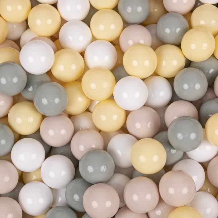 KiddyMoon 300 Balles-7Cm Balles Colorées Plastique Pour Piscine Enfant Bébé Fabriqué En EU, Beige Pastel-V. Gris-Jaune Pastel-Blanc