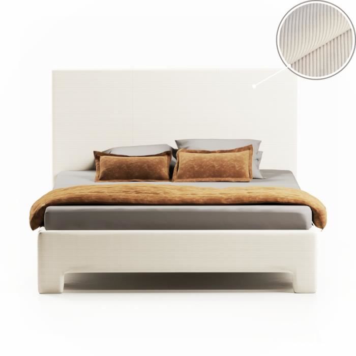 lit complet simpli avec sommier et tête de lit en velours côtelé beige - velours côtelé beige - 140x190