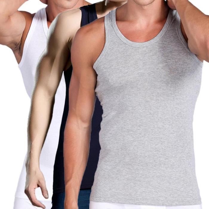 Lot de 3 Débardeur Homme Sans Manche Stretch Coton Couleur Unie Sport
