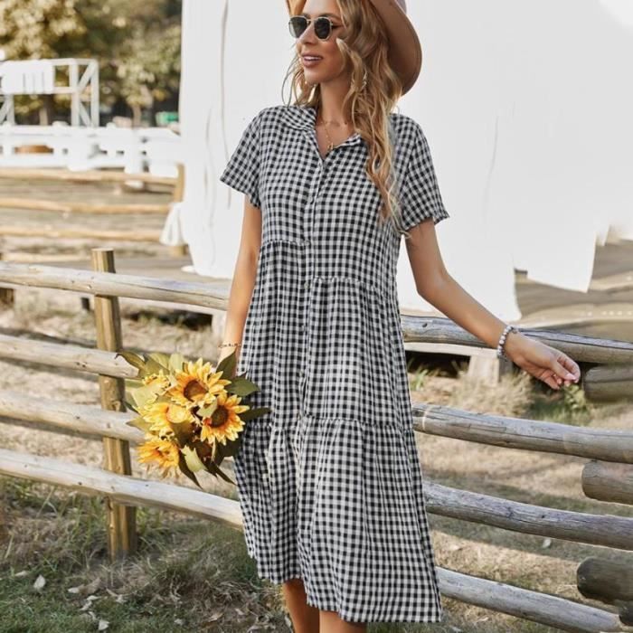 Robe femme chic et elegant Robe vintage de couleur unie à manches