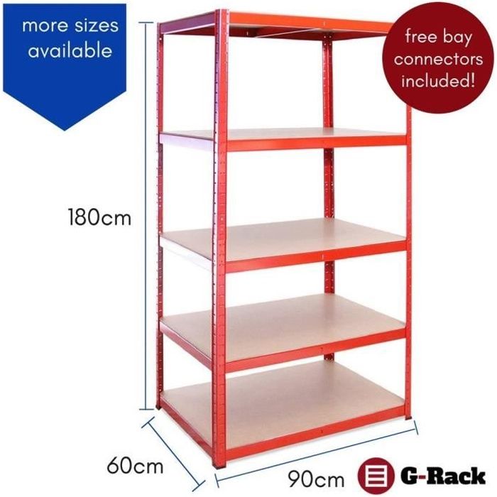 G-Rack Rangement 180 cm x 90 cm x 60 cm, Rouge, 5 étages (265kg par ...