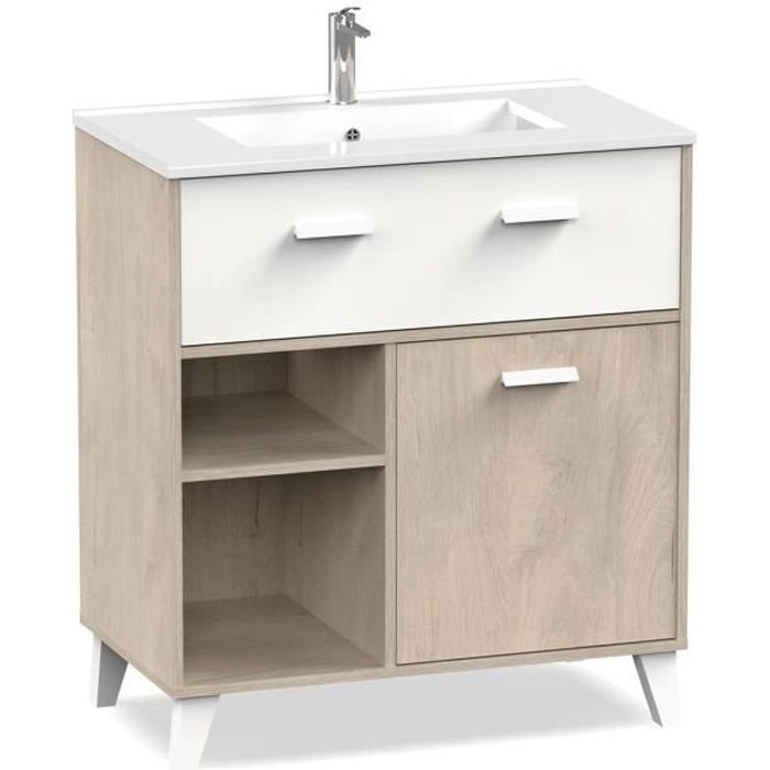 Meuble Vasque 1 porte + 1 tiroir coloris effet bois - blanc - Hauteur 90 x Longueur 82 x Profondeur 47 cm Meuble Vasque 1 porte + 1 tiroir coloris effet bois - blanc - Hauteur 90 x Longueur 82 x Profondeur 47 cm