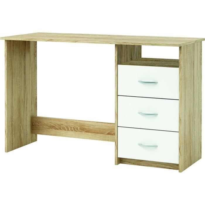 Bureau + caisson avec 3 tiroirs Chêne canadian / Blanc Artik- Longueur145 x Hauteur 73 x Profondeur 108cm