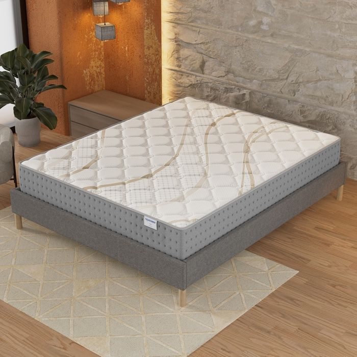 Ensemble matelas + Sommier (140x190cm)- Essem Ressorts ensachés & Mousse Hdensité Ép 25cm + Sommier Bois stable Tissu Gris