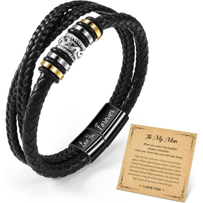 Bracelet Homme Personnalisé En Cuir Noir Tressé - Cadeau Papa Gravé Prénoms Pour Anniversaire, Fête Des Pères, Saint-Valentin