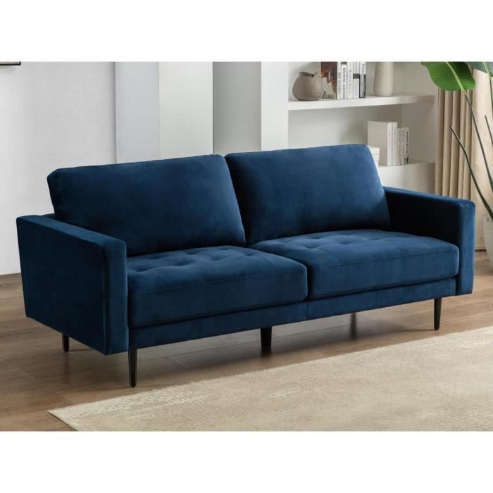 Canapé 3 places en velours bleu - VENTE-UNIQUE - ESTELA - Style vintage - Assise capitonnée - Confort ferme