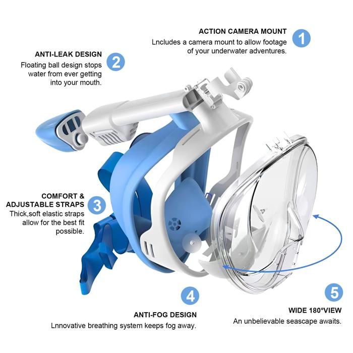 Masque De Plongée Intégral Frasheng – HD 180° Anti-buée, Avec Support Caméra, Tuba Amovible, Taille S/M Ou L/XL (Bleu/Noir)