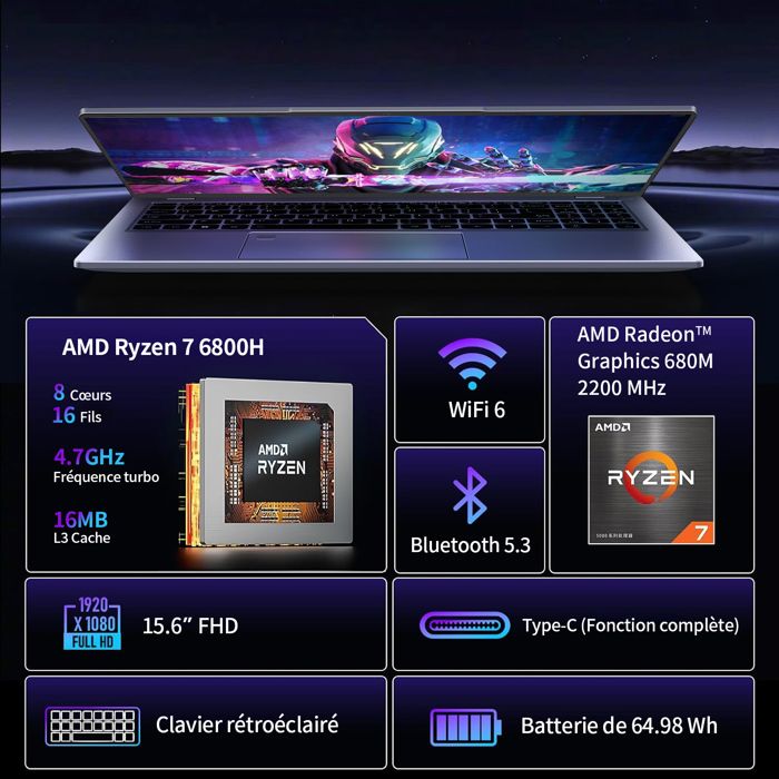 Ordinateur Portable Gaming ACEMAGIC Ryzen 7 6800H (4.7 GHz) – 16 Go DDR5 – 512 Go SSD – écran 16 Pouces – Radeon 680M – Clavier Rétroéclairé