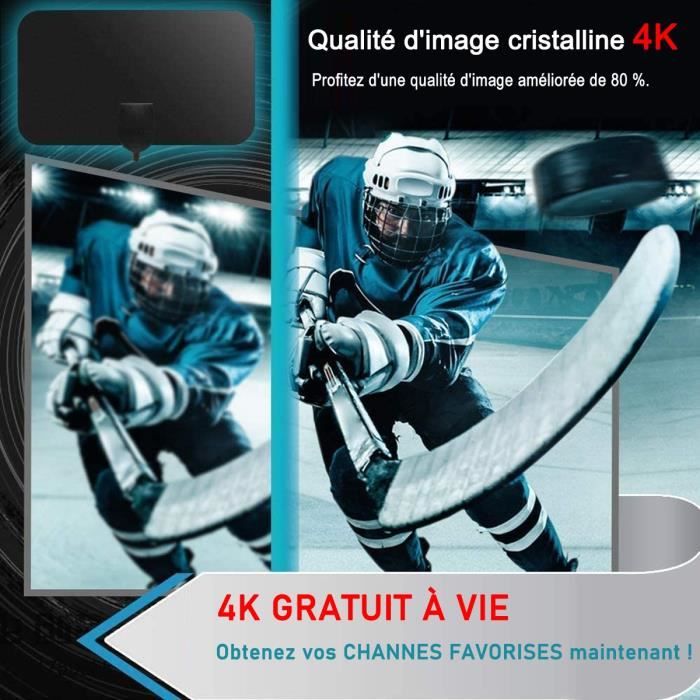 Antenne TV Numérique Intérieure Amplifiée HD 4K - Gain 25DBI, Portée 980km, 360°, Support Adhésif