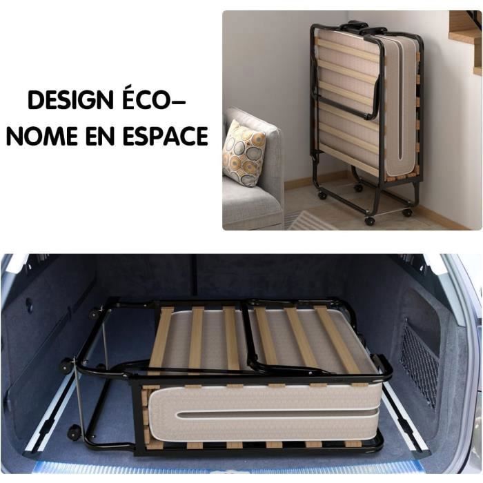 MERAX Lit d’Appoint Pliable 57X187cm avec Roulettes+Matelas, Lit 1 MERAX Lit d’Appoint Pliable 57X187cm avec Roulettes+Matelas, Lit 1