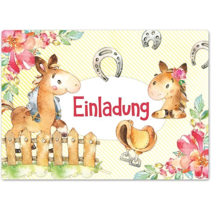 Junapack Lot de 12 cartes d'invitation pour 9ème anniversaire d'enfant 9ème anniversaire fille cheval avec 12 enveloppes, 12 sachets / naturel, 12 autocollants, 12 marque-pages, 12 blocs