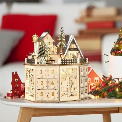 Calendrier De L'Avent En Bois Réutilisable 2025 - Château Magique Avec Lumière LED Et Musique - 4