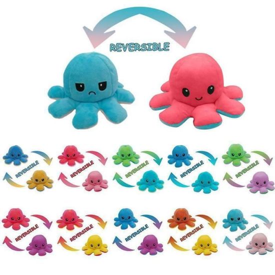 Poupee Pieuvre Poulpe Jouets en Peluche Charmant Doux Double Face Retourner Remplissage Poup/ée de Poulpe Animal Jouets Poup/ée Flip pour Enfants Famille Bleu + Rose