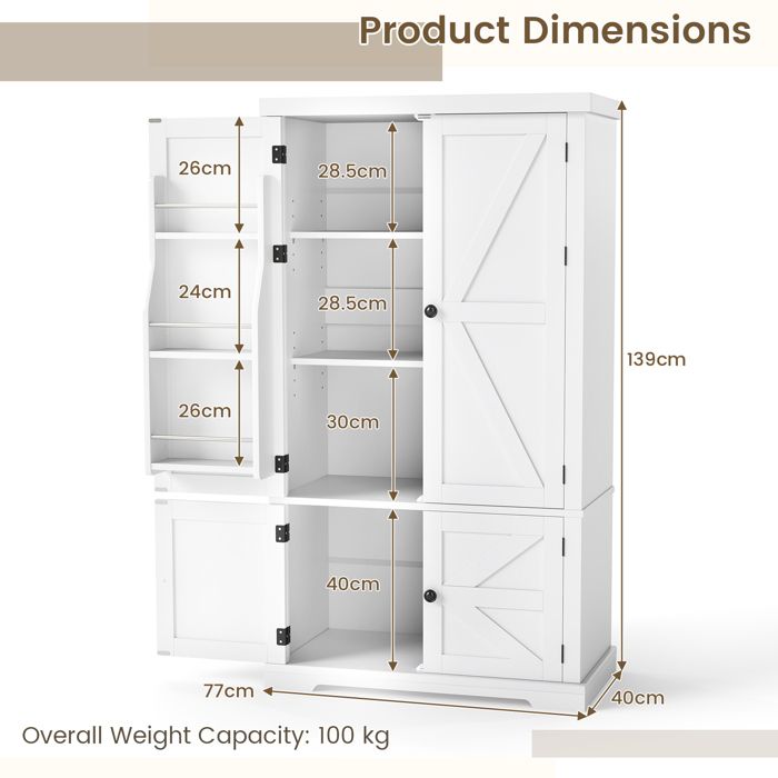 COSTWAY Armoire De Cuisine 2 Portes Avec 16 Étagères, Dispositif Anti-Renversement, Salle à