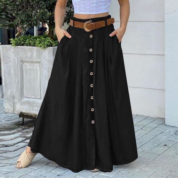 Jupe Grande taille femmes printemps Jupe d ete 2021 ZANZEA elegant bouton Maxi jupes decontracte taille haute longue Type Royal Blanc Cdiscount Pret a Porter